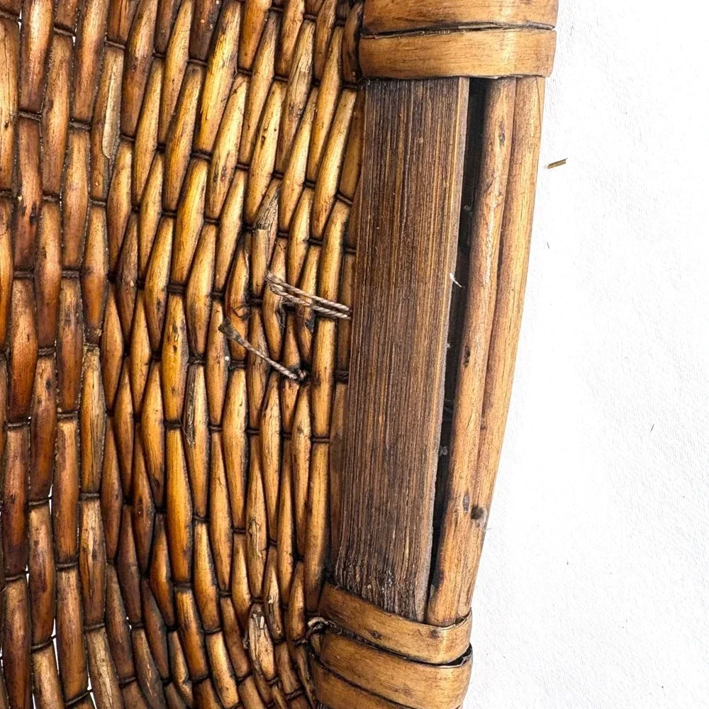 Vintage Chinese Woven Willow Basket Brown Woven Handles Wabi-Sabi